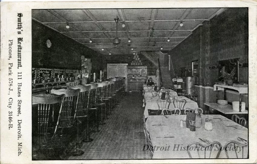 Postcard - Smith's Restaurant, 111 Bates Street, Detroit, Mich.
Phones, Park 578-J, City 3146-R.