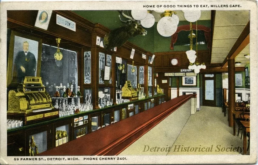 Postcard - Home of Good Things to Eat, Millers Cafe.
59 Farmer St., Detroit, Mich. Phone Cherry 2401.