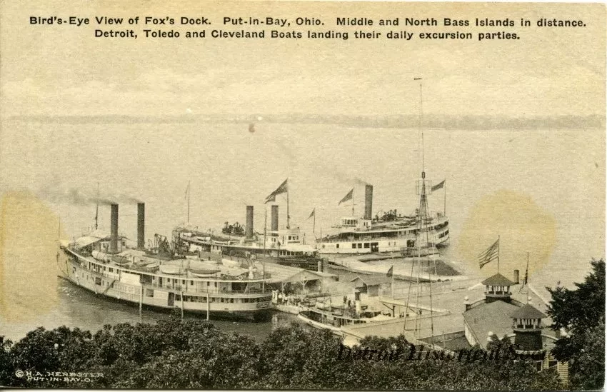 Postcard - Bird's-Eye View of Fox's Dock. Put-In-Bay, Ohio. Middle and North Bass Islands in distance. Detroit, Toledo and Cleveland Boats landing their daily excursion parties