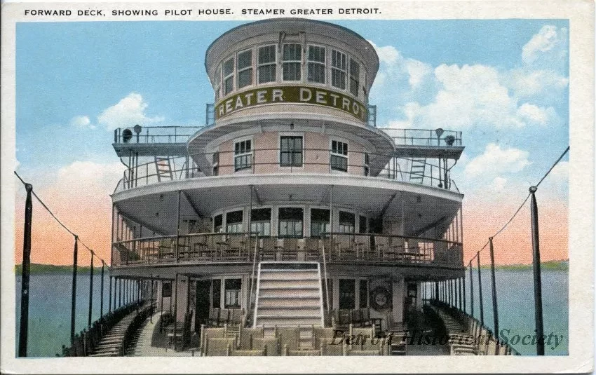 Postcard - Forward Deck, Showing Pilot House. Steamer Greater Detroit.