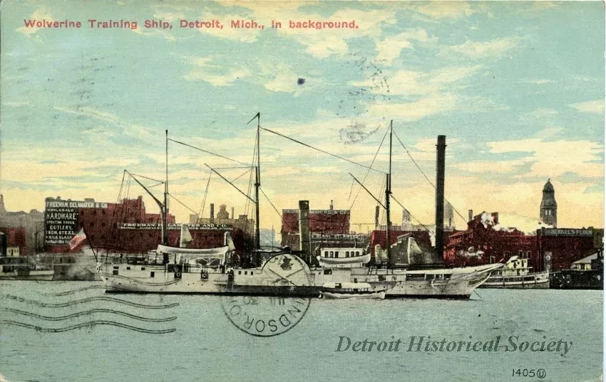 Postcard - Wolverine Training Ship, Detroit, Mich., in background.