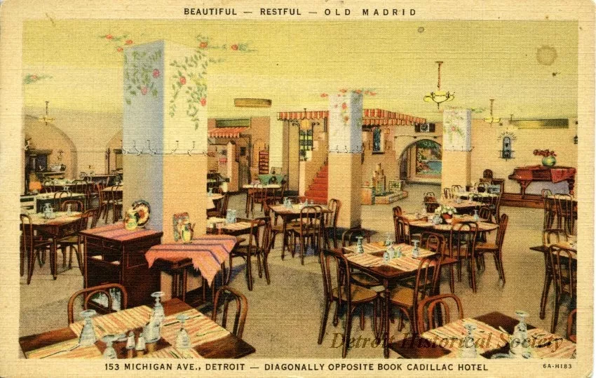Postcard - Beautiful - Restful - Old Madrid
153 Michigan Ave., Detroit - Diagonally Opposite Book Cadillac Hotel