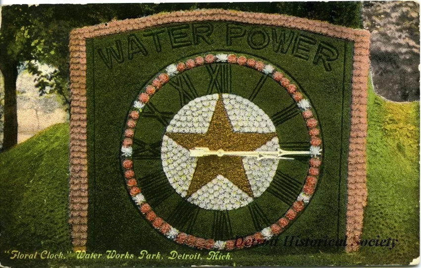 Postcard - "Floral Clock," Water Works Park, Detroit, Mich.