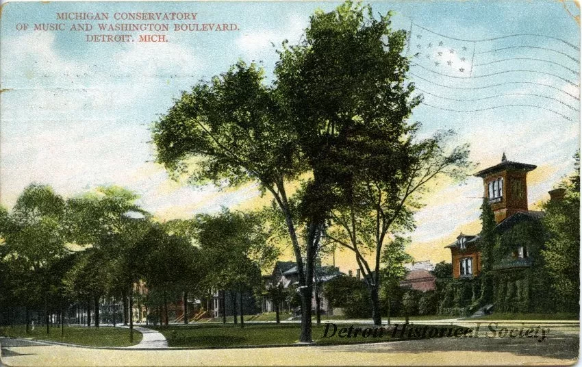 Postcard - Michigan Conservatory of Music and Washington Boulevard, Detroit, Mich.