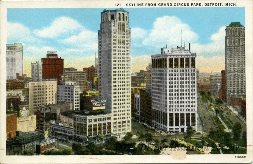Postcard - Skyline from Grand Circus Park, Detroit, Mich.