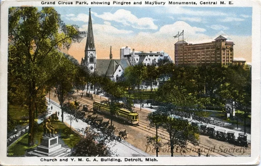 Postcard - Grand Circus Park, showing Pingree and Maybury Monuments, Central M. E. Church and Y. M. C. A. Building, Detroit, Mich.
