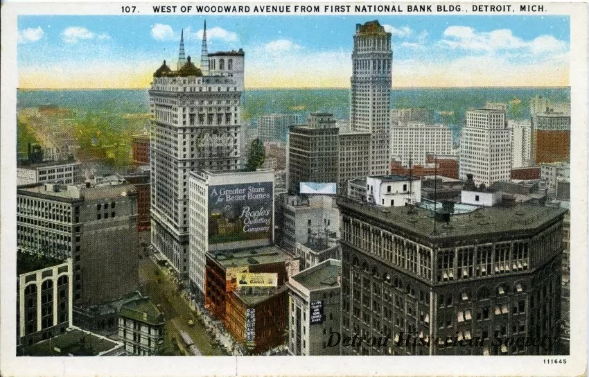 Postcard - West of Woodward Avenue from First National Bank Bldg., Detroit, Mich.