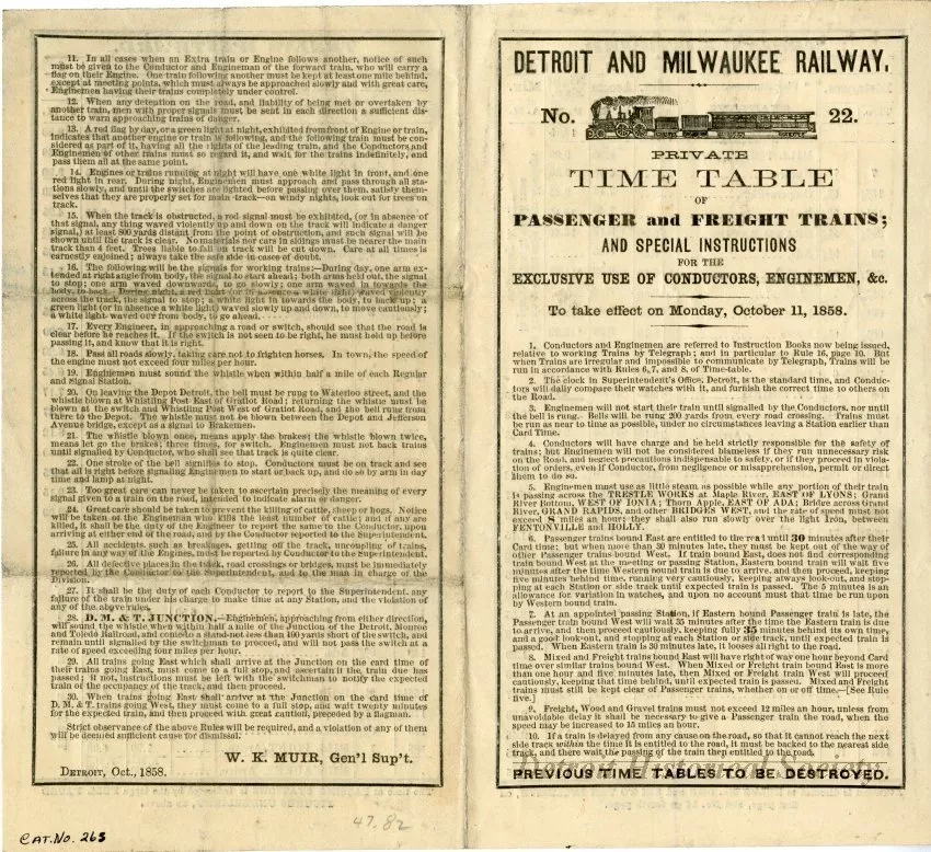 Schedule - Detroit and Milwaukee Railway, No. 22, Private Time Table of Passenger and Freight Trains; And Special Instructions for the Exclusive Use of Conductors, Enginemen, &c. to take effect on Monday, October 11, 1858.