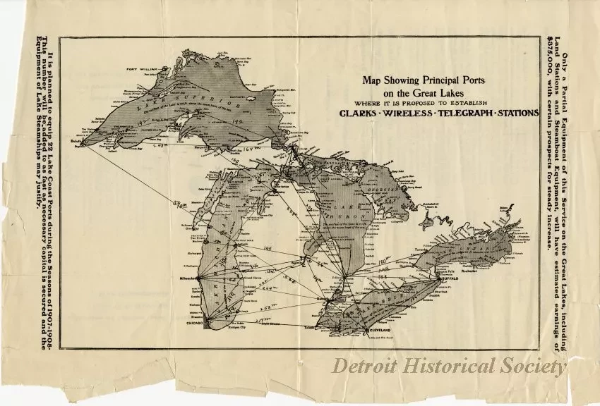 Map - Map Showing Principal Ports on the Great Lakes Where it is Proposed to Establish Clark's Wireless Telegraph Stations.