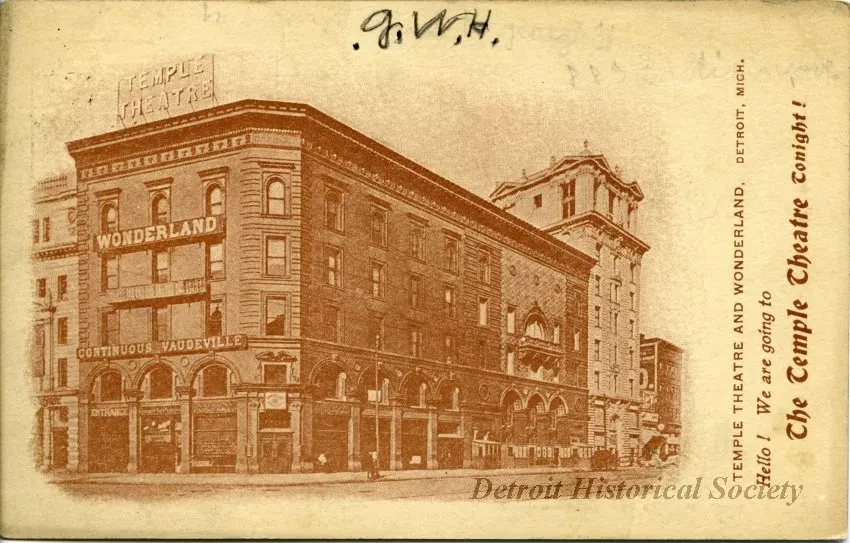 Postcard - Temple Theatre and Wonderland, Detroit, Mich. Hello! We are going to The Temple Theatre Tonight!