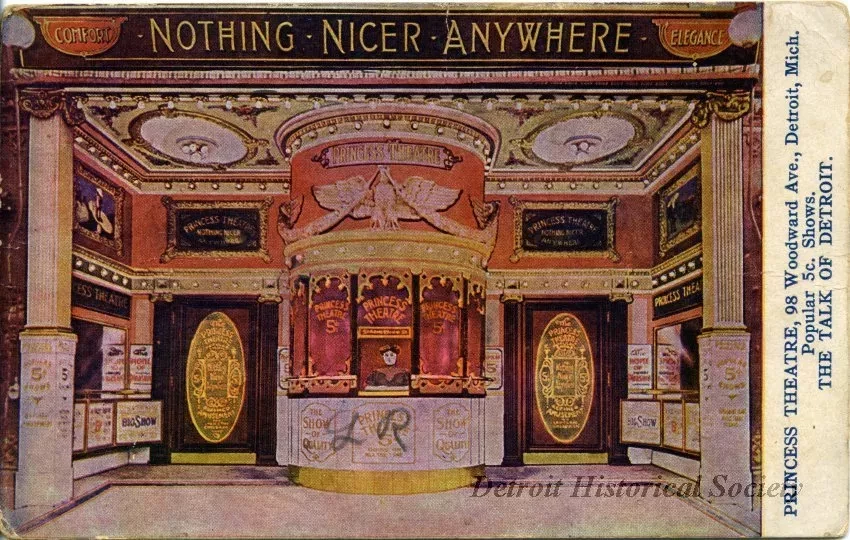 Postcard - Princess Theatre, 98 Woodward Ave., Detroit, Mich. Popular 5c. Shows. The Talk of Detroit.