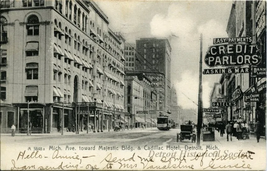 Postcard - Mich. Ave. toward Majestic Bldg. & Cadillac Hotel, Detroit, Mich.