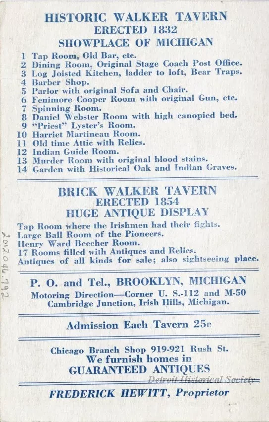 Postcard - Historic Walker Taverns, Cambridge Jct., Brooklyn, Mich.
Situated at Gateway to Irish Hills, Cor. U. S. 112 and M 50