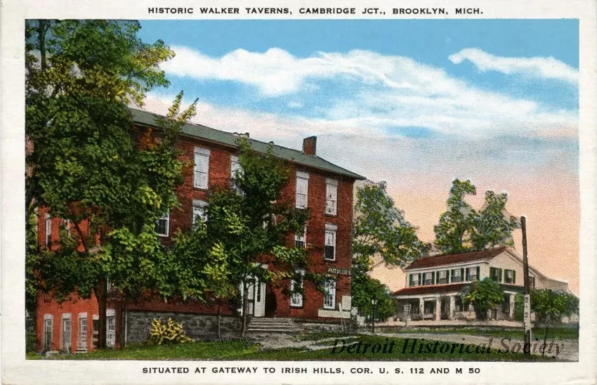 Postcard - Historic Walker Taverns, Cambridge Jct., Brooklyn, Mich.
Situated at Gateway to Irish Hills, Cor. U. S. 112 and M 50