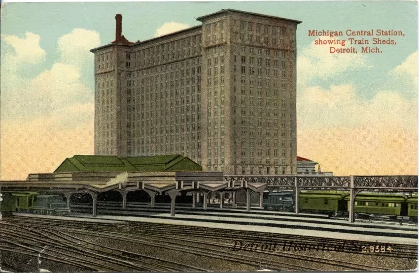 Postcard - Michigan Central Station, showing Train Sheds, Detroit, Mich.