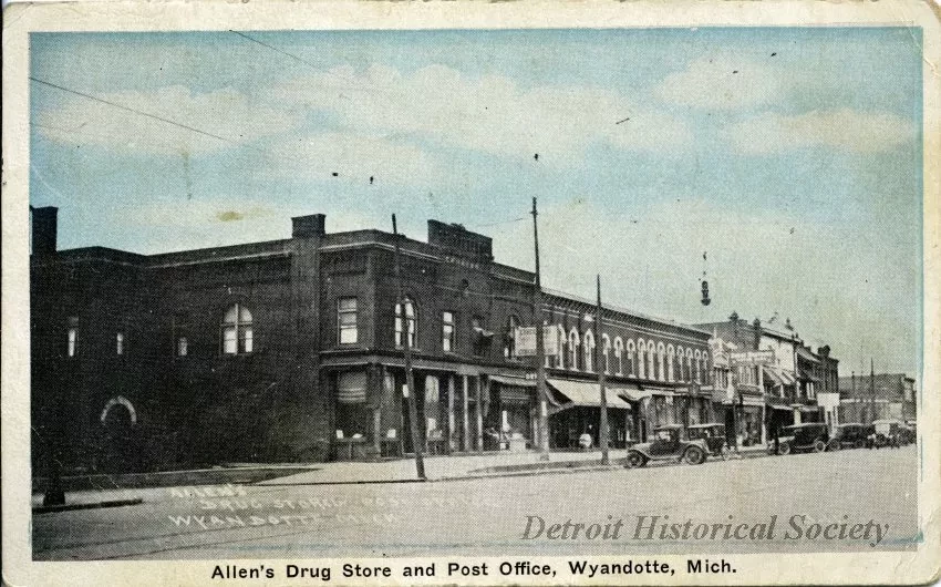 Postcard - Allen's Drug Stone and Post Office, Wyandotte, Mich.
