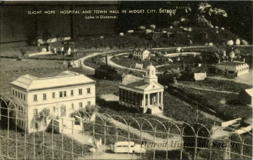 Postcard - "Slight Hope" Hospital and Town Hall in Midget City, Detroit (Lake in Distance)