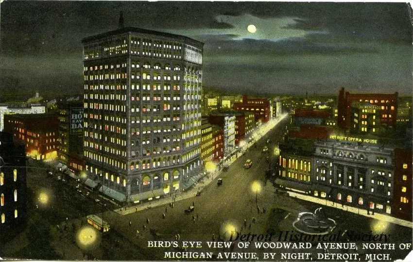 Postcard - Bird's Eye View of Woodward Avenue, North of Michigan Avenue, By Night, Detroit, Mich.