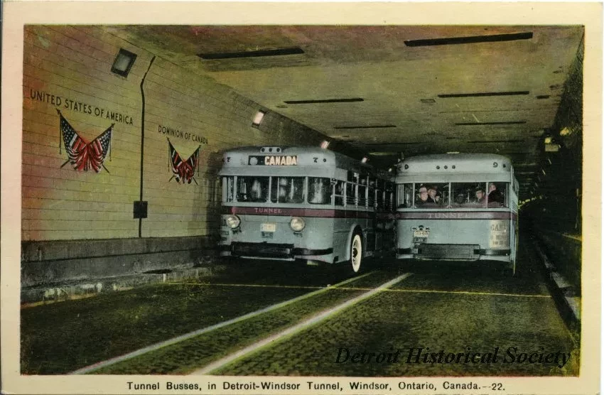 Postcard - Tunnel Busses, in Detroit-Windsor Tunnel, Windsor, Ontario, Canada