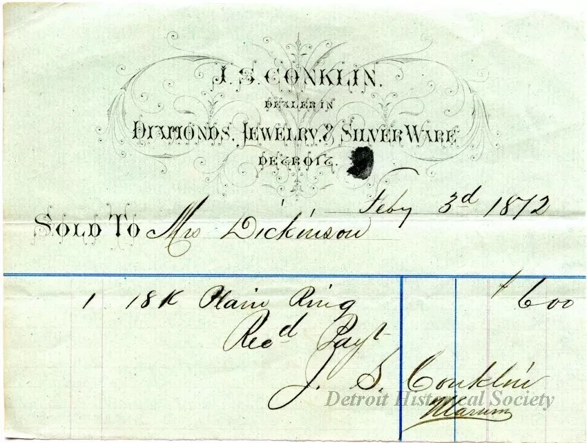 Bill-of-sale - J. S. Conklin, 
Dealer in Diamonds, Jewelry & Silverware