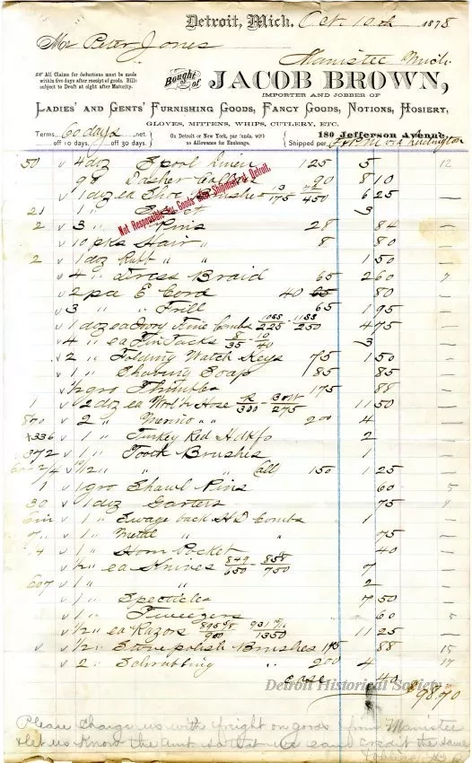 Bill-of-Sale - Jacob Brown, Importer and Jobber of Ladies' and Gents' Furnishing Goods, Fancy Goods, Notions, Hosiery, Gloves, Mittens, Whips, Cutlery, etc.