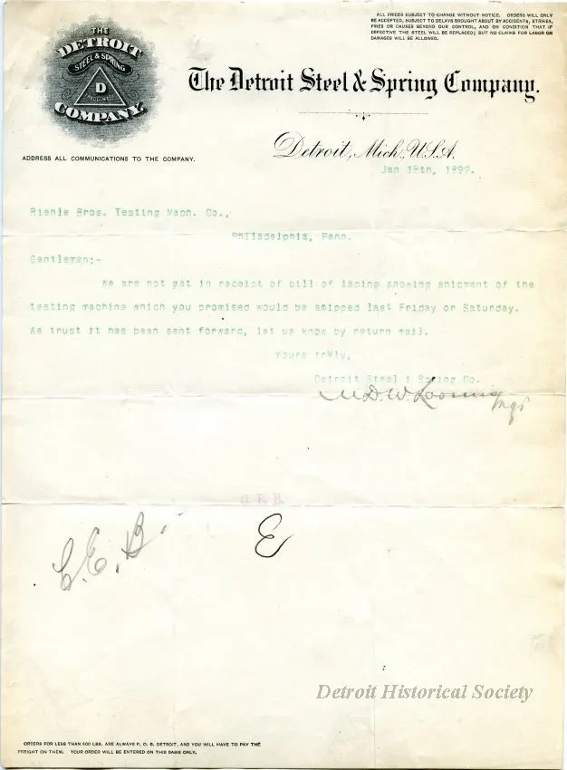 Letter - Detroit Steel & Spring Company