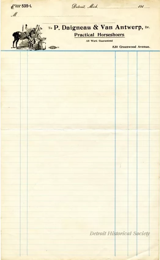 Bill-of-sale - P. Daigneau, Dr. - Practical Horseshoer and General Repairing
P. Daigneau & Van Antwerp, Dr. - Practical Horseshoers
