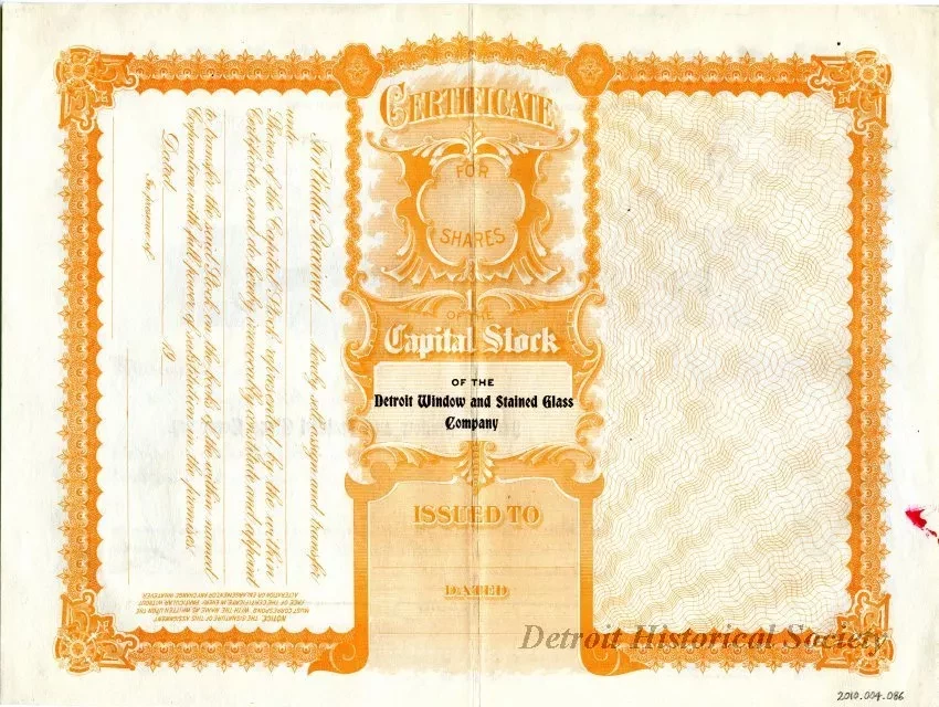 Certificate, Stock - Detroit Window and Stained Glass Company