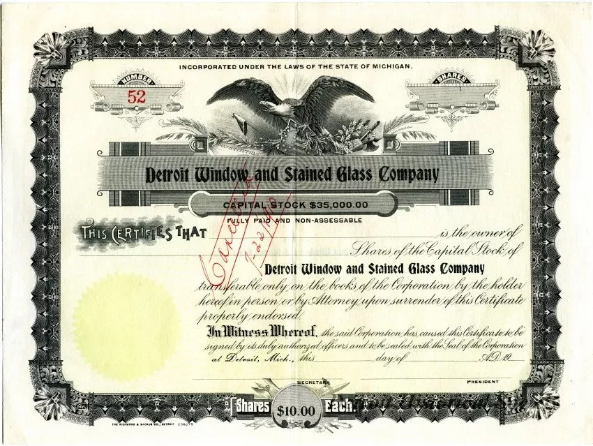 Certificate, Stock - Detroit Window and Stained Glass Company