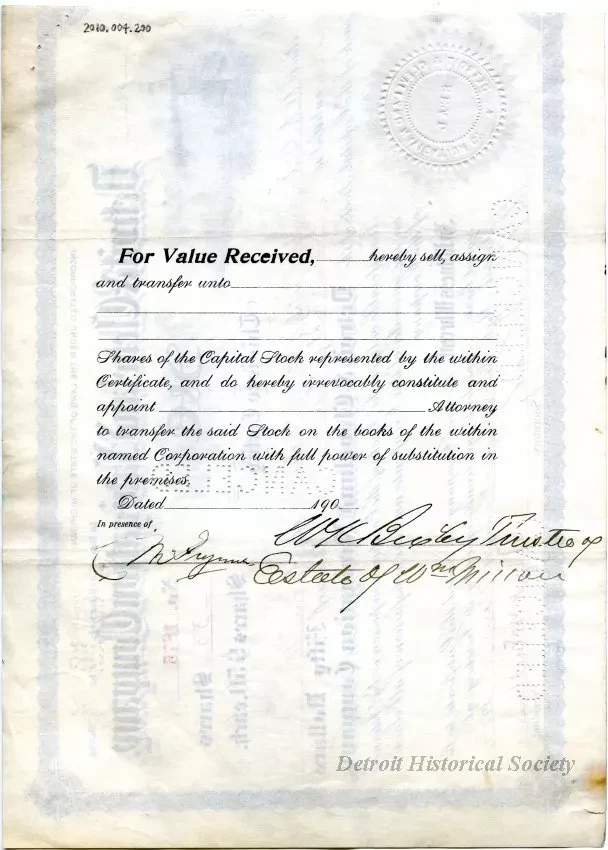 Certificate, Stock - Detroit & Cleveland Navigation Company