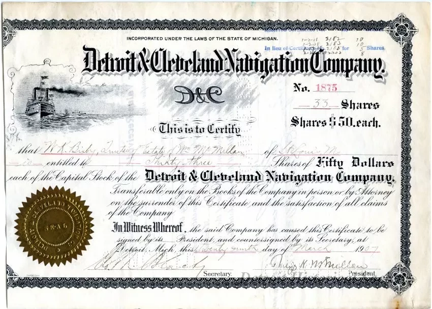 Certificate, Stock - Detroit & Cleveland Navigation Company