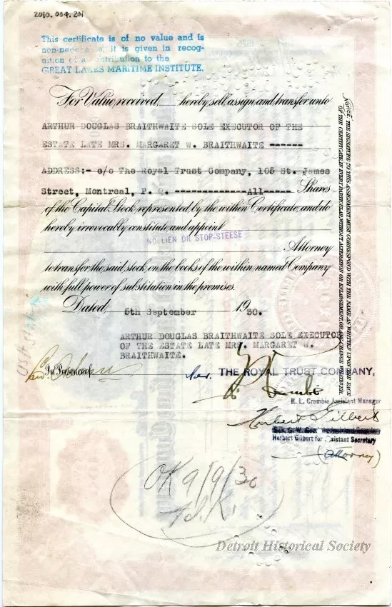 Certificate, Stock - Detroit and Cleveland Navigation Company