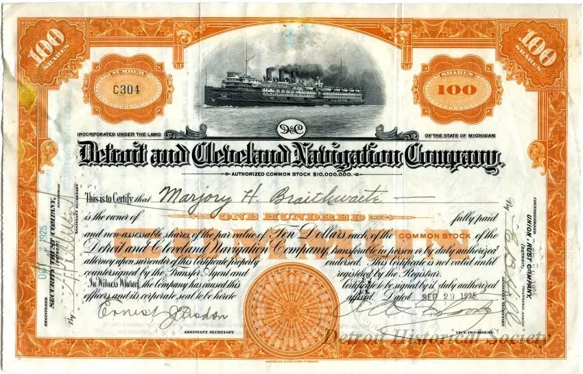 Certificate, Stock - Detroit and Cleveland Navigation Company