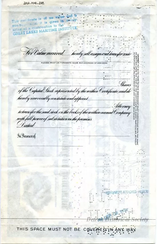 Certificate, Stock - Detroit and Cleveland Navigation Company