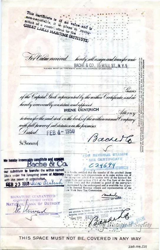Certificate, Stock - Detroit and Cleveland Navigation Company