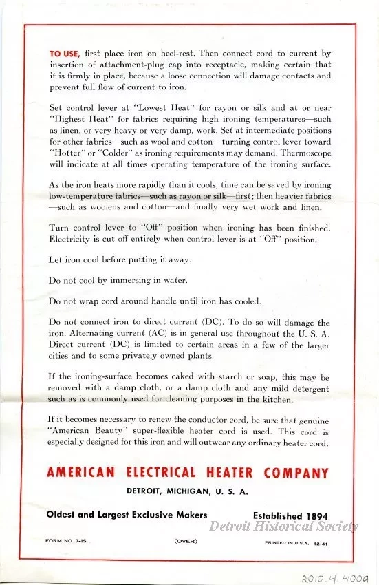 Brochure - a. American Beauty Adjustable-Automatic Electric Iron
b. American Beauty Cord-Support