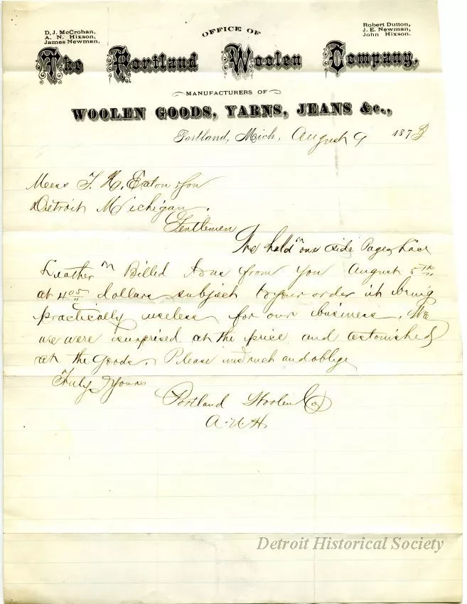 Letter - The Portland Woolen Company
