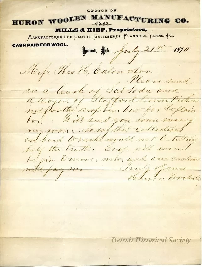 Letter - Huron Woolen Manufacturing Company