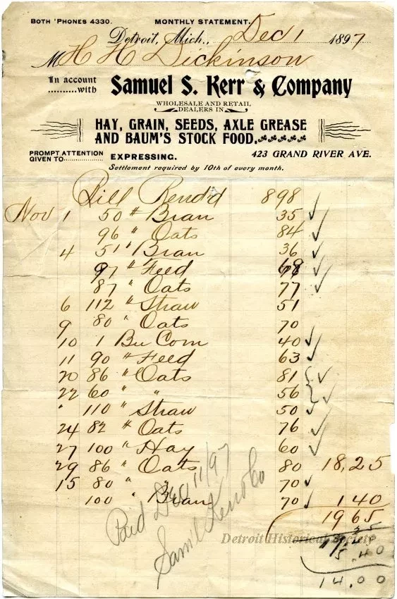 Invoice - Samuel S. Kerr & Company 
Monthly Statement