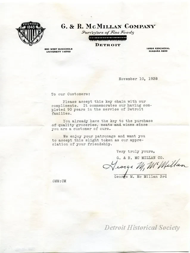 Letter - G. & R. McMillan Company, 
Purveyors of Fine Foods