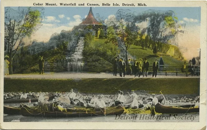 Postcard - Cedar Mount, Waterfall and Canoes, Belle Isle, Detroit, Mich.