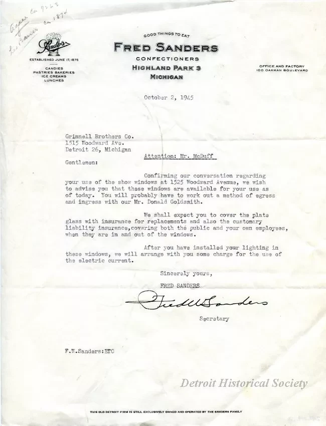 Letter - Fred W. Sanders Confectioners
(letter to Grinnell Brothers)