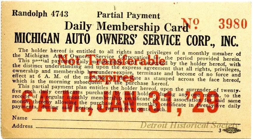 Card, Membership - Michigan Auto Owners'  Service Corporation, Inc.