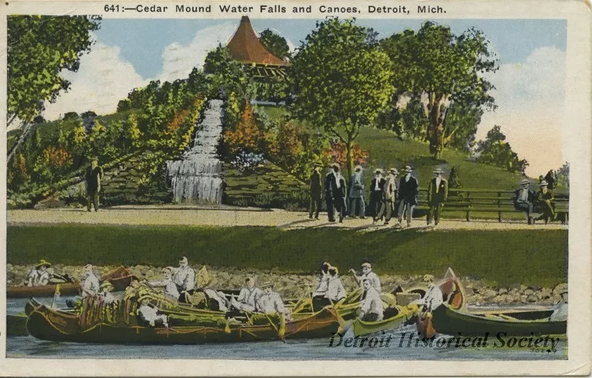 Postcard - Cedar Mound Water Falls and Canoes, Detroit, Mich.