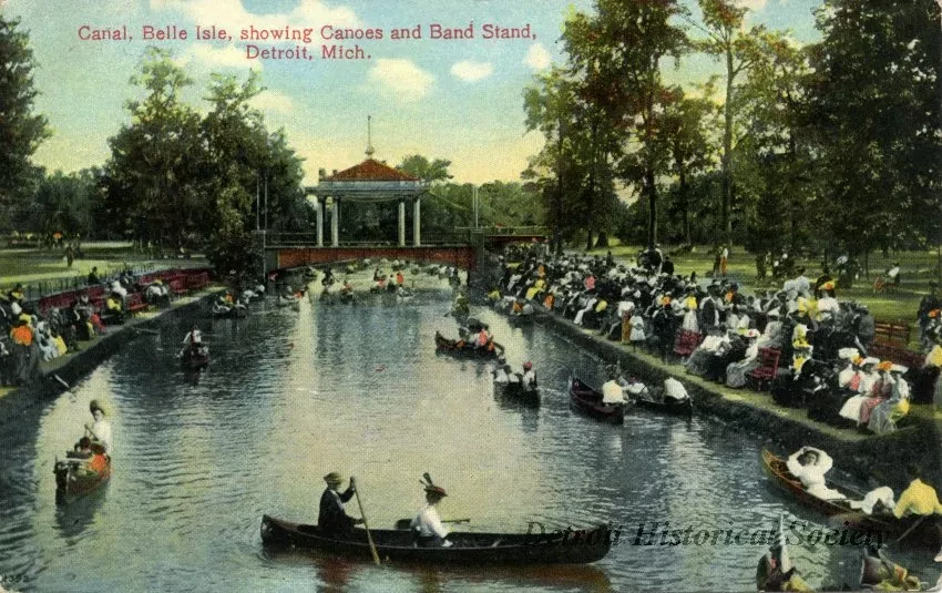 Postcard - Canal, Belle Isle, showing Canoes and Band Stand, Detroit, Mich.