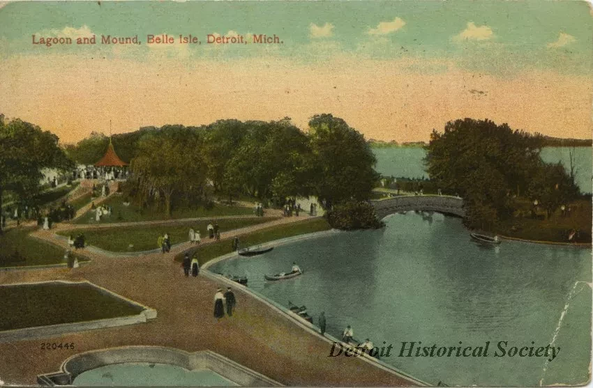 Postcard - Lagoon and Mound, Belle Isle, Detroit, Mich.