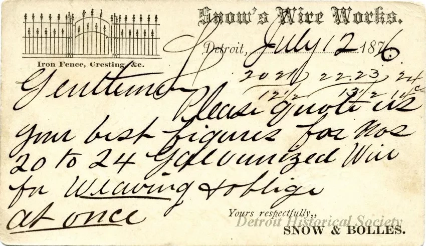 Postcard - Snow's Wire Work
(Snow & Bolles)