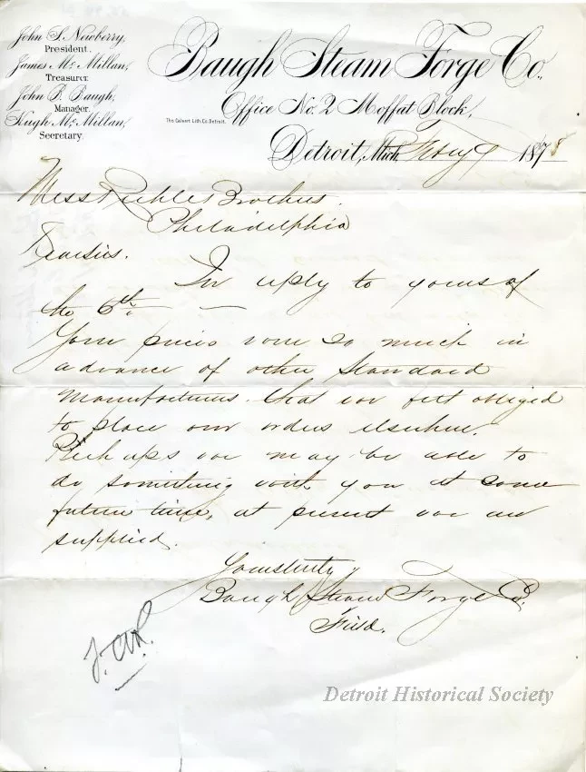 Letter - Baugh Steam Forge Company