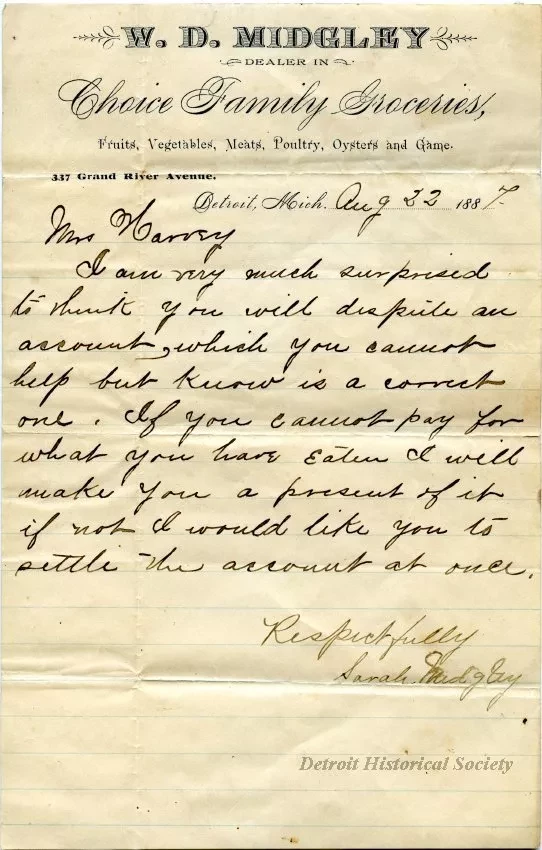 Letter - W. D. Midgley,
Dealer in Choice Family Groceries