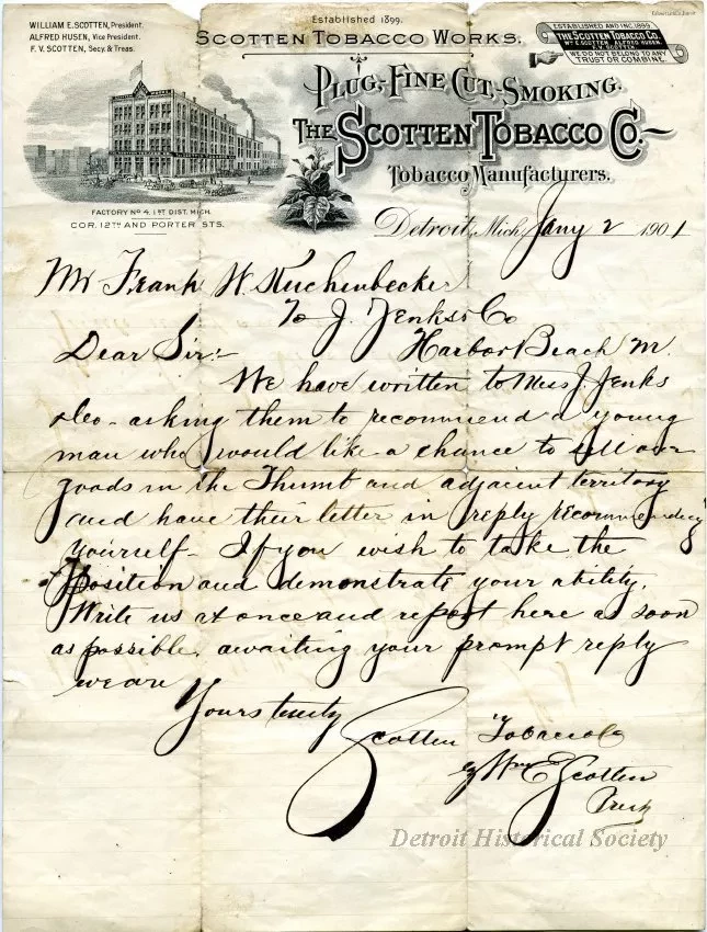 Letter - Scotten Tobacco Company